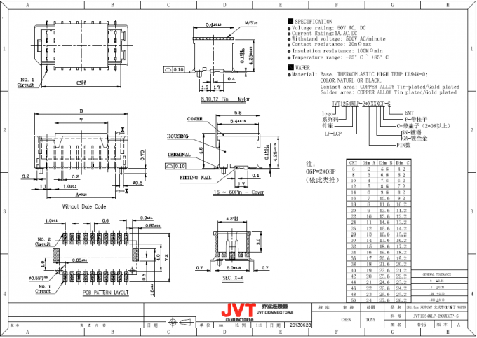 JVT SH 1つのMmピッチのコネクター、ひだ様式のコネクターに乗る単一の列ワイヤー
