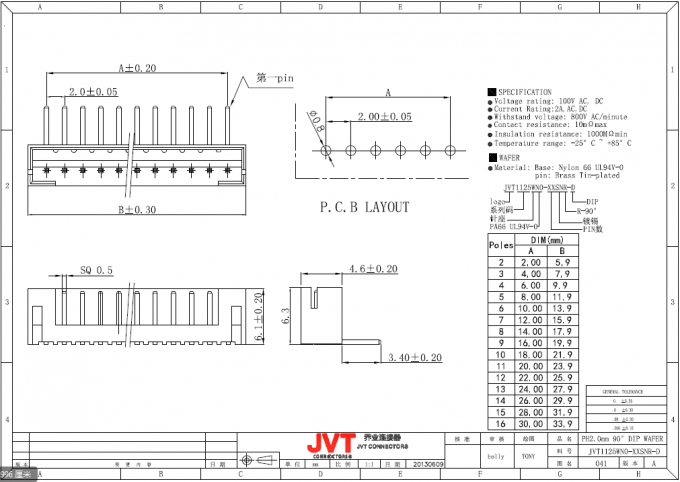 JVT PH 2.0mmのDisconnectableのタイプと特色になるひだ様式のコネクターに乗る単一の列ワイヤー